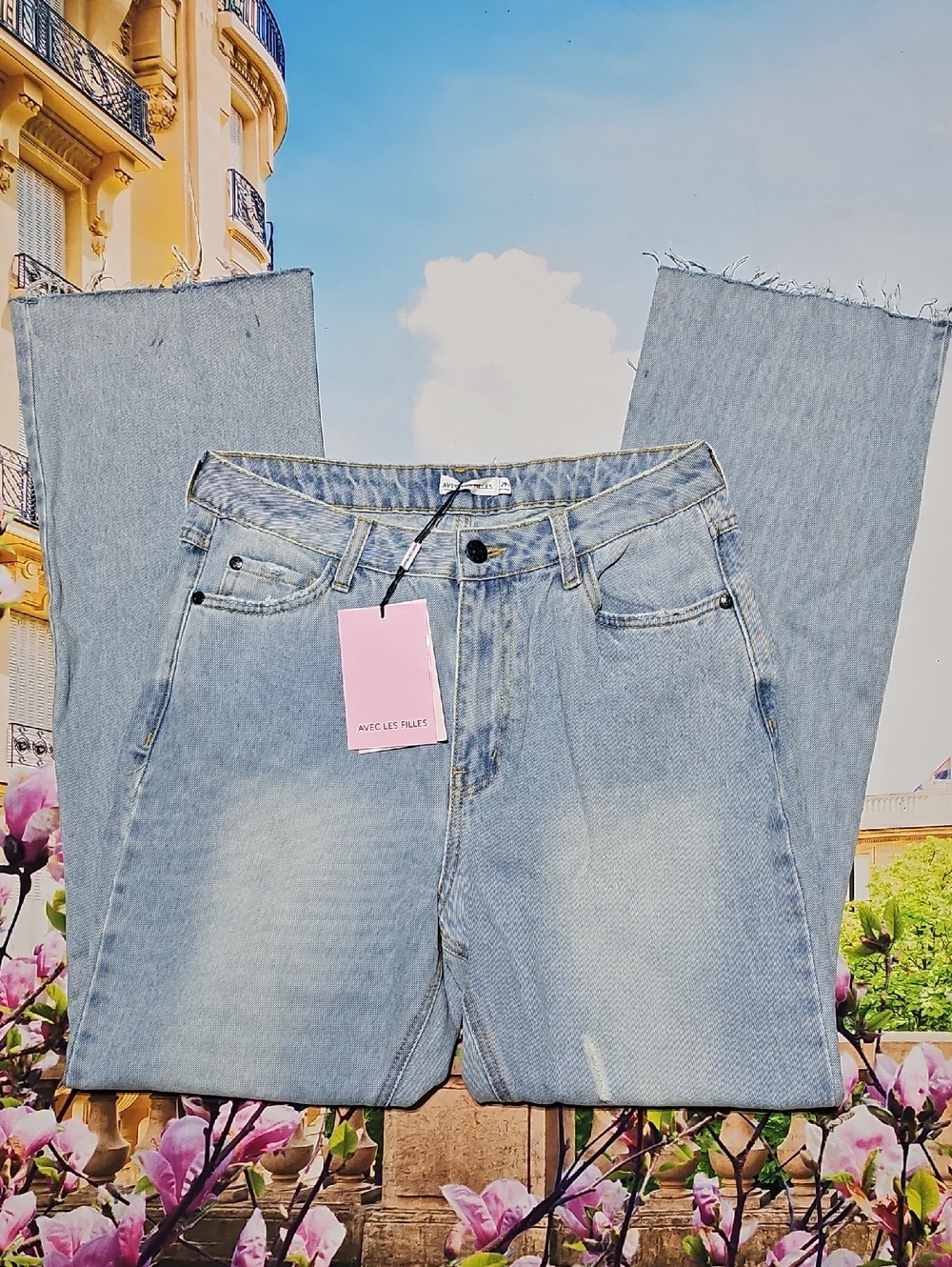 Avec Les Filles Raw Hem Distressed Split Leg High Waist Fray Jeans Size 29‎ New
